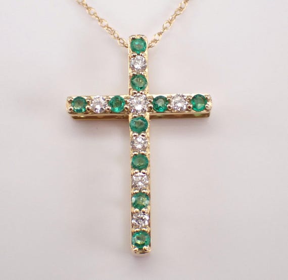 Emerald and Diamond Cross Pendant and Chain - 14K Yellow Gold Religious Charm Necklace - Gemstone Fine Jewelry Gift