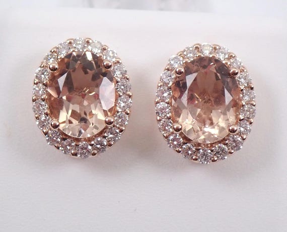Morganite and Diamond Stud Earrings - 14K Rose Gold Large Oval Halo Studs - GalaxyGems Fine Jewelry Gift