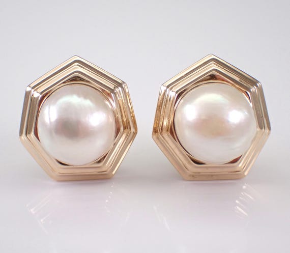 Vintage 14K Yellow Gold Pearl Earrings - Large Chunky Omega Clasp Setting - June Birthstone Gemstone Fine Jewelry Gift