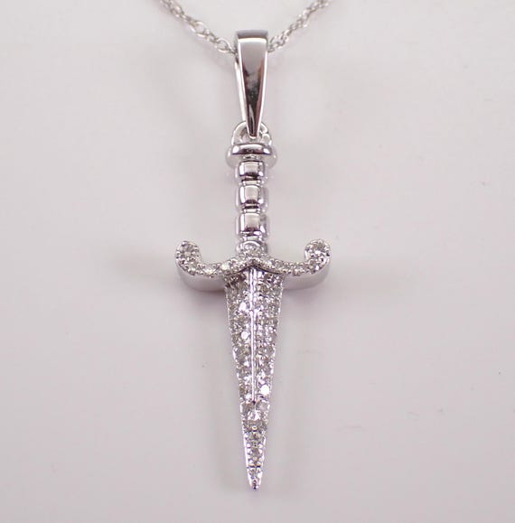 White Gold Diamond Dagger Pendant and Chain, Spear Blade Knife Charm Necklace, Unique Dainty Jewelry Gift