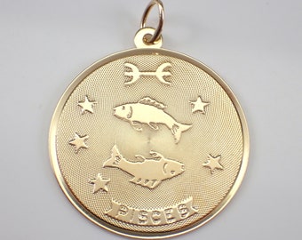 Vintage 14K Yellow Gold Pisces Zodiac Char - Estate Astrology Star Sign Engraved Disk Pendant