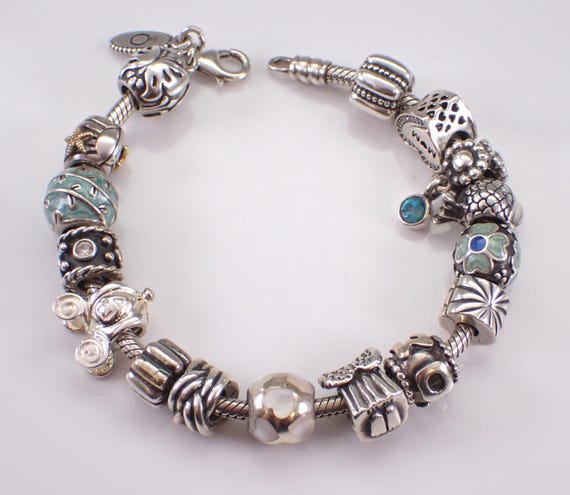 Vintage PANDORA Charm Bracelet - Estate Sterling Silver Designer - Unique Enamel Slides with Disney Flower Heart