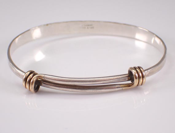 Sterling Silver and 14K Yellow Gold Bracelet - Vintage ED LEVIN Slide Bangle - Unique Everyday Two Tone Jewelry Gift