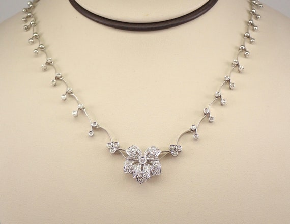 Flower Diamond Necklace - 14kt White Gold Cluster Pendant Choker - Station Necklace Chain