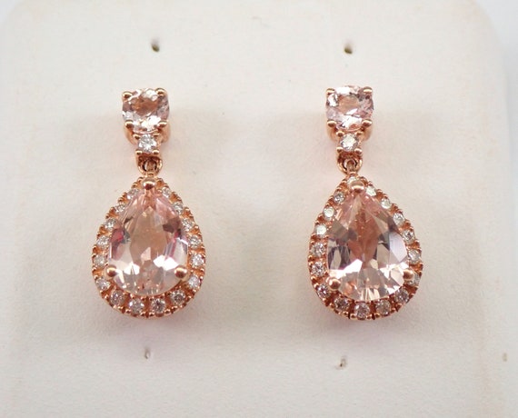 Petite Morganite Dangle Earrings - Rose Gold Diamond Halo Setting - Unique Gemstone Fine Jewelry