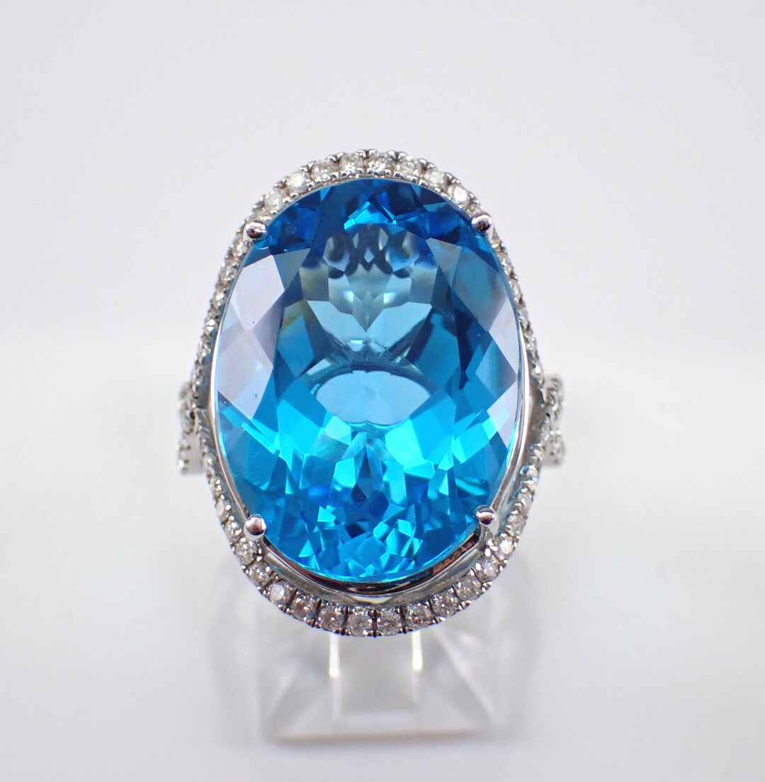 Large 19ct Blue Topaz and Diamond Ring - Genuine Halo Engagement ...