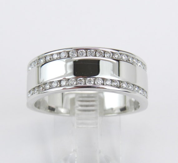 Mens Unisex 14K White Gold Diamond Wedding Ring 8 mm Wide Anniversary Band Size 10