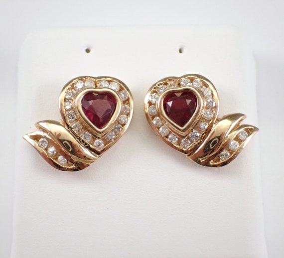 Vintage Garnet and Diamond Heart Earrings - Solid 14K Yellow Gold Halo Studs - January Birthstone Gemstone Gift