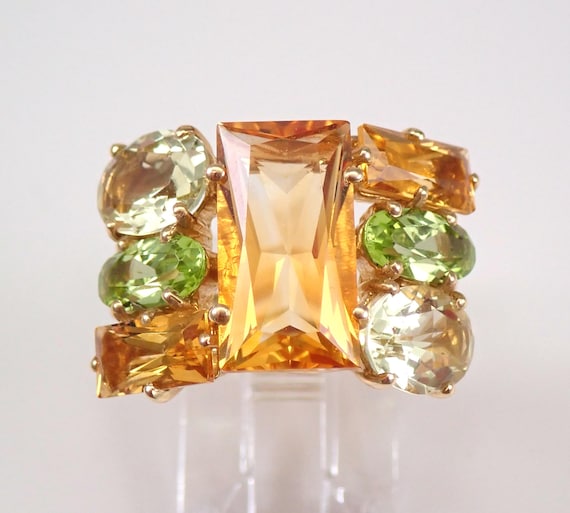 14K Yellow Gold Prasiolite and Citrine Ring - Large Cluster Gemstone Band - Green Amethyst and Peridot Gift