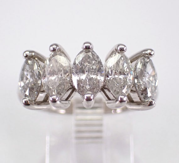14K White Gold 2.47ct Diamond Wedding Ring - Large Marquise 5-Stone Anniversary Band - Bridal Fine Jewelry Gift
