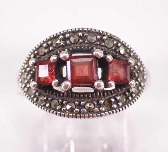 Vintage Sterling Silver Garnet Ring - Gemstone and Marcasite Three Stone Band - Unique Fine Jewelry Gift