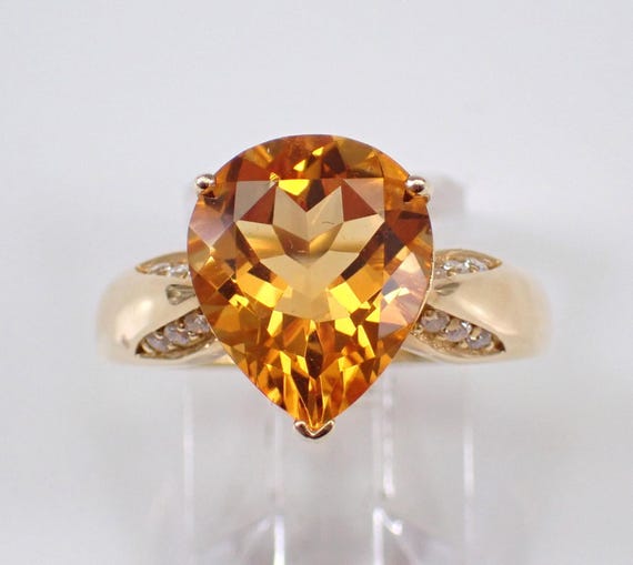 14K Yellow Gold Citrine and Diamond Ring - Bridal Teardrop Engagement Setting - November Gemstone Jewelry Gift
