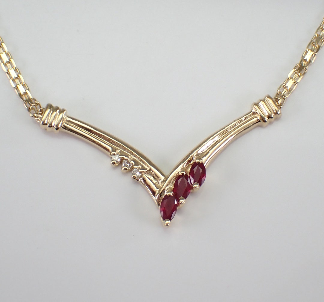 Vintage Ruby and Diamond V Necklace - 14K Yellow Gold Station Pendant ...