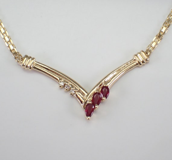 Vintage Ruby and Diamond V Necklace - 14K Yellow Gold Station Pendant and Chain - Gemstone Fine Jewelry Choker Gift