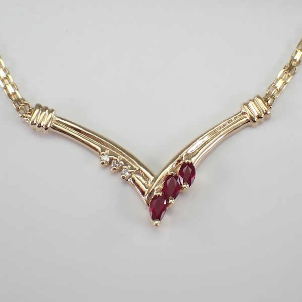 Vintage Ruby and Diamond V Necklace - 14K Yellow Gold Station Pendant and Chain - Gemstone Fine Jewelry Choker Gift