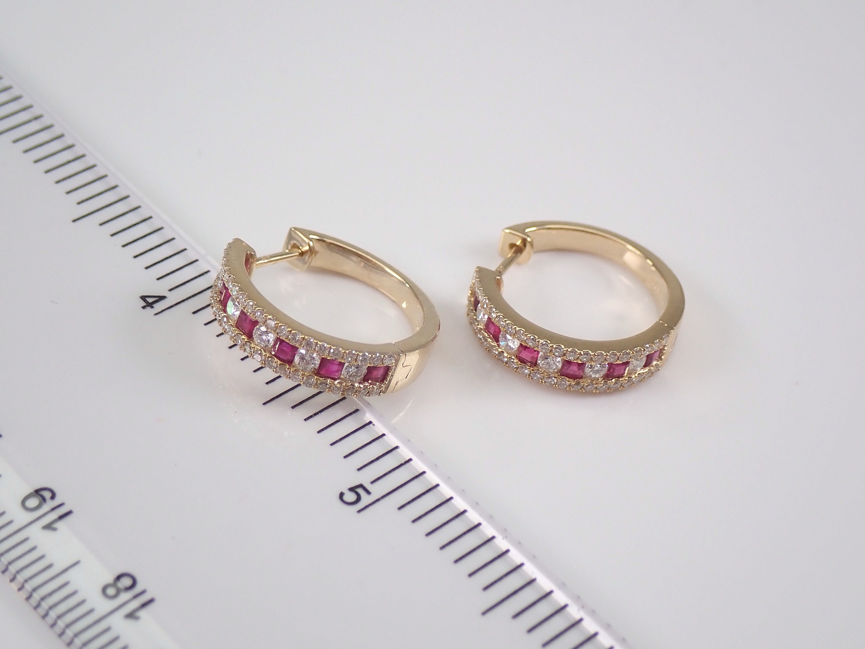 Diamond and Ruby Hoop Earrings Hoops Yellow Gold July Birthstone Graduation
