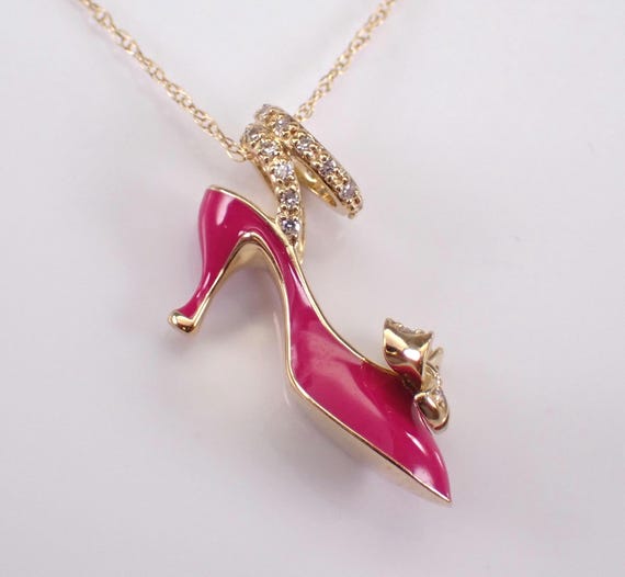 14K Yellow Gold Diamond Shoe Charm Necklace - Pink Enamel Sandal Pendant and Chain - Unique High Heels Jewelry Gift