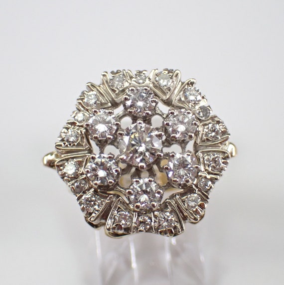 Antique Diamond Cluster Ring - Vintage 14K Two Tone Gold Flower Design - Estate Fine Jewelry for Her