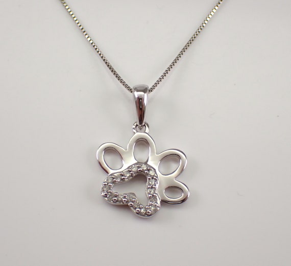 Diamond PAW Print Necklace - Solid White Gold Puppy Dog Charm - Unique Gift for Dog Pet Lover