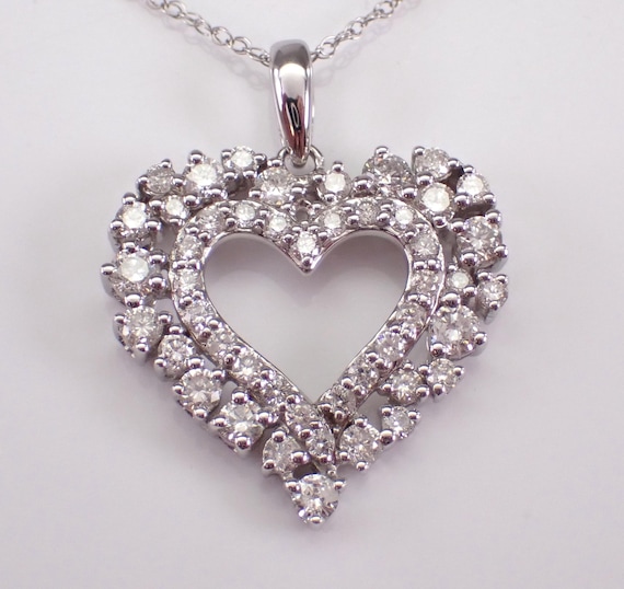 Diamond Heart Pendant and Chain - 14K White Gold Charm Necklace - Bridal Wedding Fine Jewelry Gift