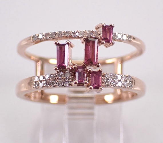 Rose Gold Diamond and Garnet Ring, Multi Row Anniversary Bridge Band