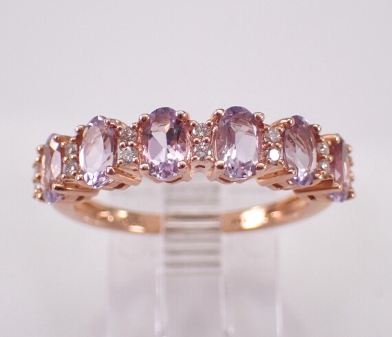 Rose de France and Diamond Wedding Ring - Rose Gold Stackable Anniversary Band - Amethyst Gemstone Fine Jewelry Gift