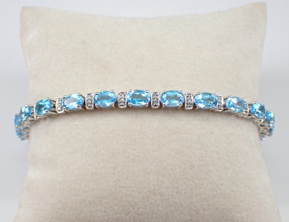 Blue Topaz and Diamond Tennis Bracelet - Unique White Gold Fine Jewelry - December Birthstone Gemstone Gift