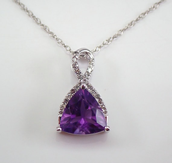 Trillion Amethyst and Diamond Necklace, White Gold Genuine Gemstone Pendant, February Birthstone Gift for Her