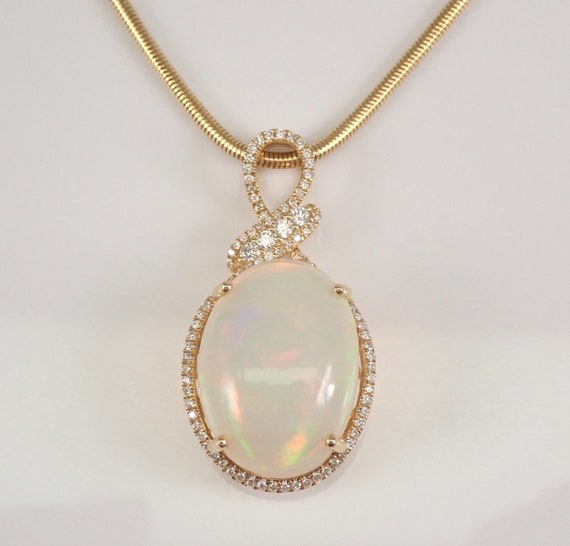 14K Yellow Gold Large Opal Necklace - Diamond Halo Charm Pendant with Snake Chain - October Birthstone Fine Jewelry Gift