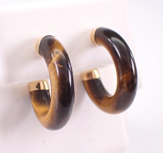 14K Yellow Gold Tiger Eye Earrings - Brown Gemstone Huggie Hoops - GalaxyGems Unique Jewelry Gift