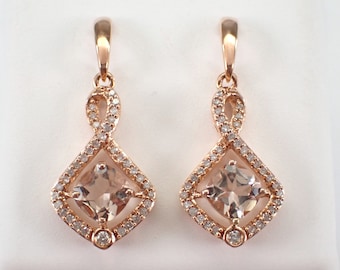 Peach Morganite and Diamond Earrings - Solid Rose Gold Dangle Drop - Pink Gemstone Fine Jewelry Gift