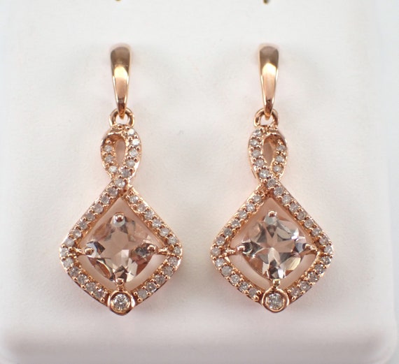 Peach Morganite and Diamond Earrings - Solid Rose Gold Dangle Drop - Pink Gemstone Fine Jewelry Gift