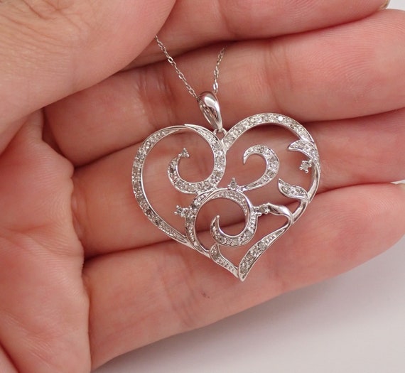 Large Vintage Heart Necklace, 14K White Gold Dainty Heart Pendant, Unique Wedding Day Jewelry Gift