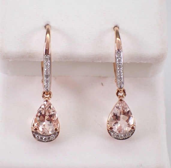 Petite Morganite Dangle Earrings - Rose Gold Diamond Setting - Unique Dainty Gemstone Fine Jewelry