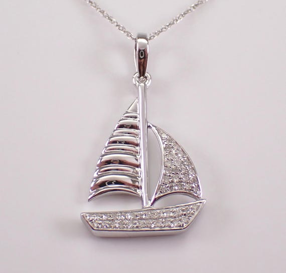 White Gold Diamond Sailboat Pendant and Chain: Cruise Ship Charm Boat Necklace