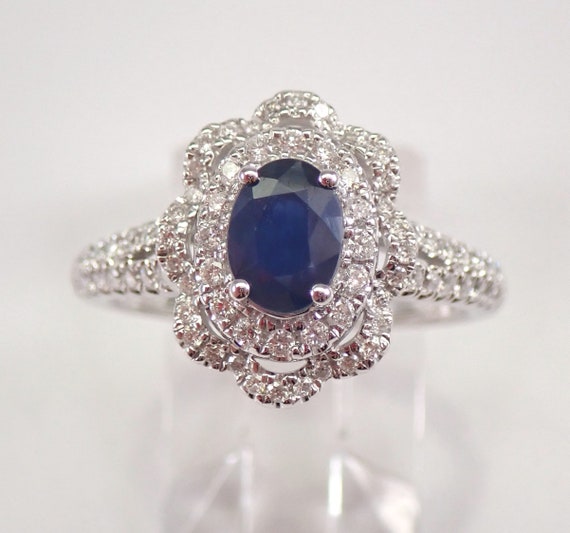 14K White Gold Diamond and Sapphire Double Halo Engagement Ring Size 7 FREE Sizing