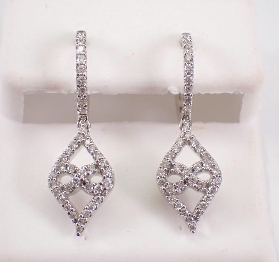 White Gold Diamond Dangle Earrings - Modern Teardrop Infinity Hoops - Bridal Fine Jewelry Gift