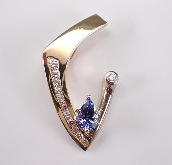 14K Yellow Gold Diamond and Tanzanite Pendant, Large Unique Estate Charm Slide for Omega Necklace Chain