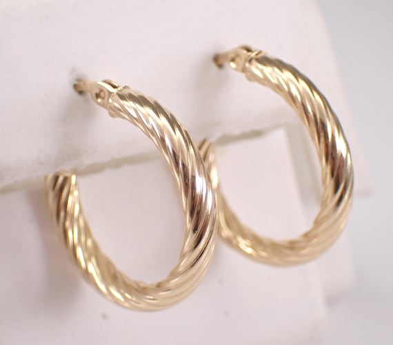 Vintage 14K Yellow Gold Hoop Earrings: Estate Braided Ribbed Design Huggies