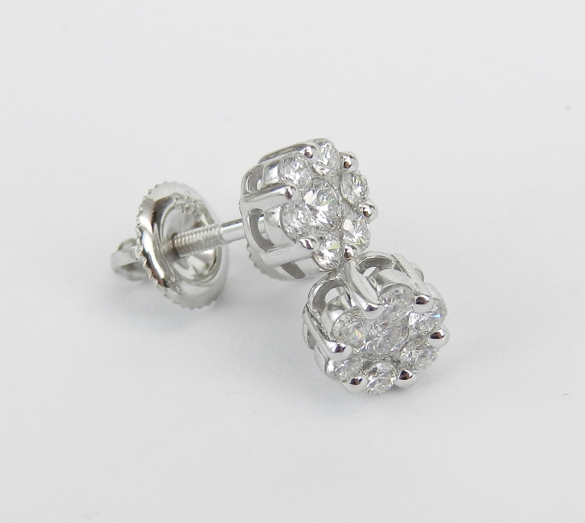 14K White Gold Diamond Studs Flower Cluster Halo Stud Earrings Screw ...