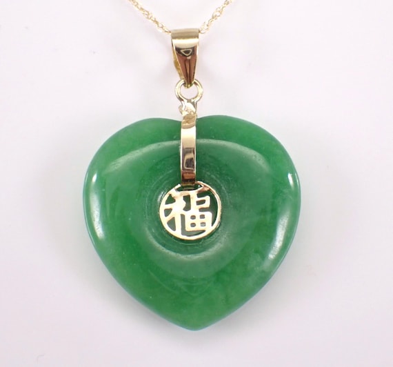 14K Yellow Gold Jade Heart Charm Necklace, Large Asian Gemstone Pendant and Chain, Good Luck Protection Jewelry Gift