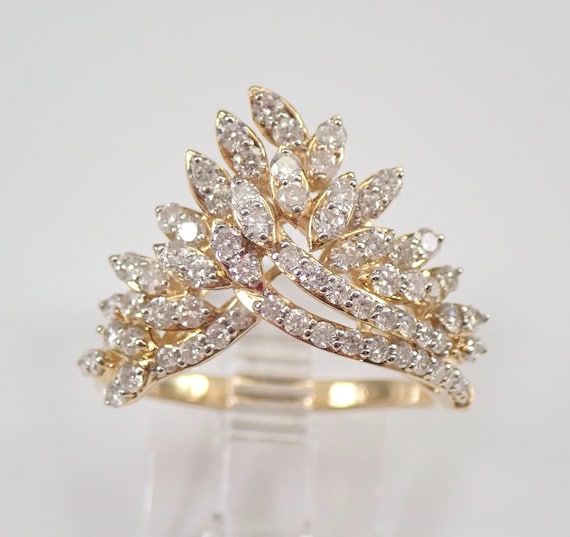 Diamond Chevron Cluster Ring - Unique Yellow Gold V Shape Band - Bridal Wedding Anniversary Jewelry Gift