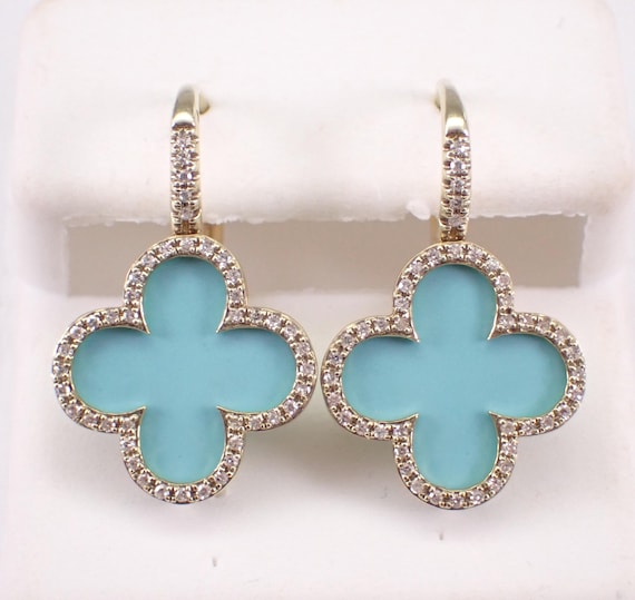 14K Yellow Gold Turquoise and Diamond Earrings: Clover Shamrock Halo Drop Setting
