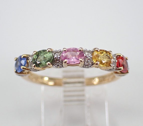 Multi Color Sapphire and Diamond Wedding Ring - 14K Yellow Gold Stacking Anniversary Band - Pink Blue Yellow Green Gemstone Fine Jewelry