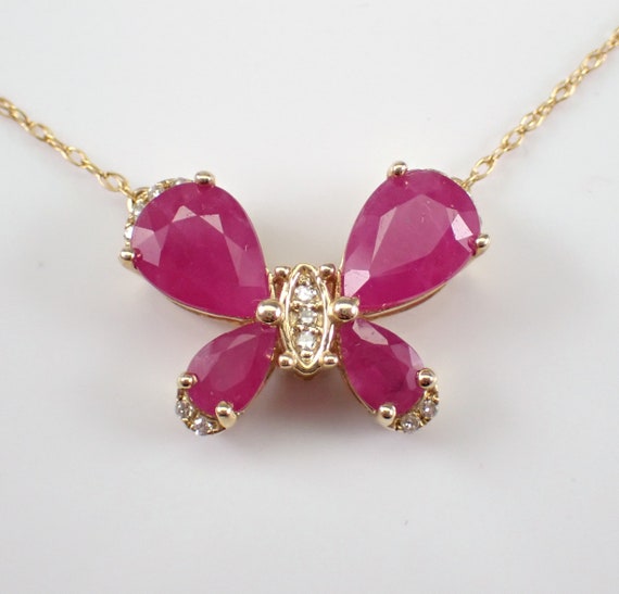 Ruby and Diamond Butterfly Necklace - 14k Yellow Gold Gemstone Fine Jewelry - Station Pendant and Chain - July Birthstone Gift
