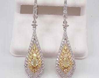Canary Yellow Diamond Earrings - Solid 14K White Gold Fancy Dangle Leverback - Unique Halo Fine Jewelry Gift