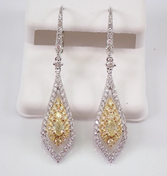 Canary Yellow Diamond Earrings - Solid 14K White Gold Fancy Dangle Leverback - Unique Halo Fine Jewelry Gift