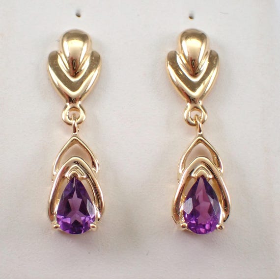 14K Yellow Gold Amethyst Earrings, Vintage Estate Dangle Drop Setting, Purple Gemstone Jewelry