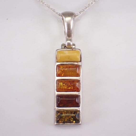 Vintage Sterling Silver Amber Charm Pendant and Chain: Estate Graduating Ombre Color Baltic Gemstone Necklace
