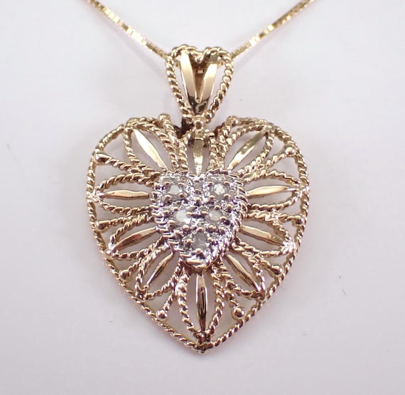 Vintage Diamond Heart Necklace - 14K Yellow Gold Cluster Charm Pendant and Chain - Estate Anniversary Fine Jewelry Gift
